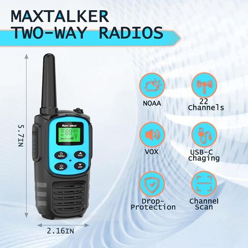 Walkie Talkies Long Range, Rechargeable 22 FRS Channel Two Way Radio 6Pack | NOAA, LED flash & VOX walkie talkies for adults, USB-C rechargeable, 1200mAh battery life, ideal for group hiking (MaxTalker) in Kuwait