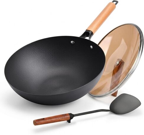 WANGYUANJI Lightweight Carbon Steel Wok Pan with Lid, 12.6" Flat Bottom Stir Fry Wok for Induction, Electric & Gas Stoves, 2.9 lb Wok Body, Pre-Seasoned Nitrided Wok, No Chemical Coating in Saudi Arabia