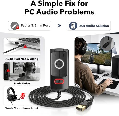 1Mii S03 External USB Sound Card, 7.1 Surround USB 3.5mm Jack Audio Adapter | for PC to Headphones, Plug & Play, Volume Control and Mic Mute for Gaming, USB to AUX for Headset, Computer, PS4, PS5, 6FT in Saudi Arabia