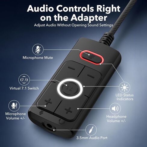 1Mii S03 External USB Sound Card, 7.1 Surround USB 3.5mm Jack Audio Adapter | for PC to Headphones, Plug & Play, Volume Control and Mic Mute for Gaming, USB to AUX for Headset, Computer, PS4, PS5, 6FT in Saudi Arabia