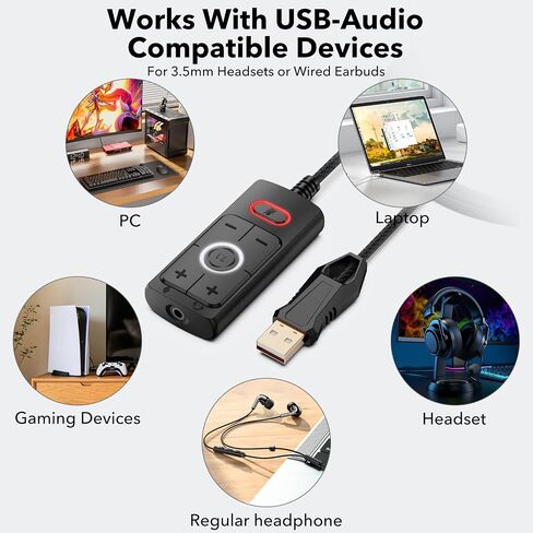 1Mii S03 External USB Sound Card, 7.1 Surround USB 3.5mm Jack Audio Adapter | for PC to Headphones, Plug & Play, Volume Control and Mic Mute for Gaming, USB to AUX for Headset, Computer, PS4, PS5, 6FT in Saudi Arabia