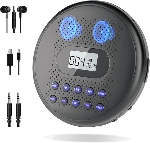 Portable CD Player with Dual Stereo Speakers, Rechargeable for Car | Discman CD Player with Anti-Skip Protection, Headphones and AUX Cable Backlight Buttons for Home, Travel in Kuwait