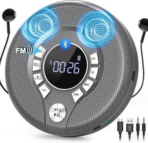 Greadio Portable Bluetooth CD Player, CD Player for Car with FM Transmitter | 2000mAh Rechargeable, 120s Anti-Skip, Supports CD/MP3, USB/AUX Output, Stereo Speaker, Headphones for Home/Road Trips (Black in Saudi Arabia