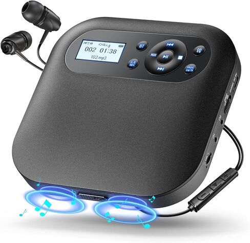 Desobry Portable CD Player with Bluetooth, Dual Speakers, FM Transmitter | Discman Player with Rechargeable Battery, AUX and Headphones, Anti‑Skip for Car, LCD Backlight for Home Upgraded in Kuwait