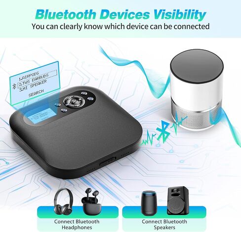 Desobry Portable CD Player with Bluetooth, Dual Speakers, FM Transmitter | Discman Player with Rechargeable Battery, AUX and Headphones, Anti‑Skip for Car, LCD Backlight for Home Upgraded in Kuwait