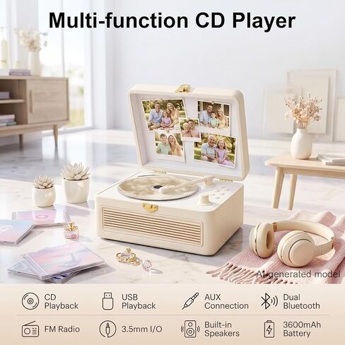 Gueray Portable CD Player with Bluetooth 5.4, 3600mAh Rechargeable Battery | Hi-Fi speakers,FM Radio, Leather retro suitcase style,Vintage CD Music Kpop Player,gift idea for music lovers,home decor in Saudi Arabia