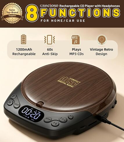 Gracioso Rechargeable Portable CD Player with Headphones for Car & Home | CD/MP3/Micro SD/AUX Out Supported, Retro CD Player, 60s Anti-Skip, Lock/Programmable/Timer, No Built-in Speakers (Walnut in Saudi Arabia