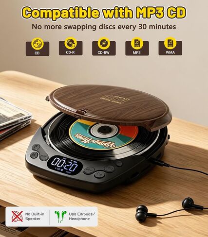 Gracioso Rechargeable Portable CD Player with Headphones for Car & Home | CD/MP3/Micro SD/AUX Out Supported, Retro CD Player, 60s Anti-Skip, Lock/Programmable/Timer, No Built-in Speakers (Walnut in Saudi Arabia