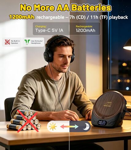 Gracioso Rechargeable Portable CD Player with Headphones for Car & Home | CD/MP3/Micro SD/AUX Out Supported, Retro CD Player, 60s Anti-Skip, Lock/Programmable/Timer, No Built-in Speakers (Walnut in Saudi Arabia