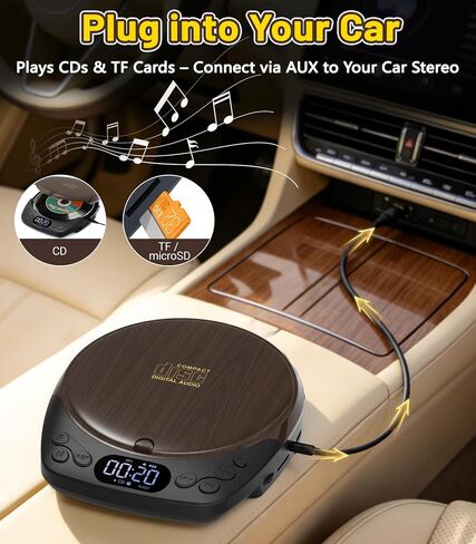 Gracioso Rechargeable Portable CD Player with Headphones for Car & Home | CD/MP3/Micro SD/AUX Out Supported, Retro CD Player, 60s Anti-Skip, Lock/Programmable/Timer, No Built-in Speakers (Walnut in Saudi Arabia