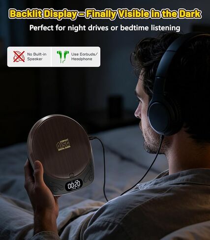 Gracioso Rechargeable Portable CD Player with Headphones for Car & Home | CD/MP3/Micro SD/AUX Out Supported, Retro CD Player, 60s Anti-Skip, Lock/Programmable/Timer, No Built-in Speakers (Walnut in Saudi Arabia
