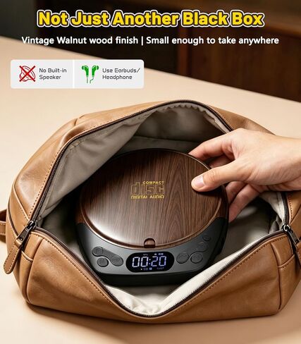 Gracioso Rechargeable Portable CD Player with Headphones for Car & Home | CD/MP3/Micro SD/AUX Out Supported, Retro CD Player, 60s Anti-Skip, Lock/Programmable/Timer, No Built-in Speakers (Walnut in Kuwait
