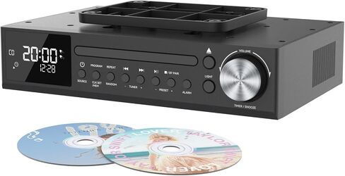 MONODEAL Bluetooth CD Player,Under Cabinet Kitchen FM Radio CD Player,Dual HD Speakers,Wireless Music System with LED Light,Remote Control,Kitchen Timer,Dual Alarm Clock Black | Dual HD Speakers,Wireless Music System with LED Light,Remote Control,Kitchen  in Kuwait