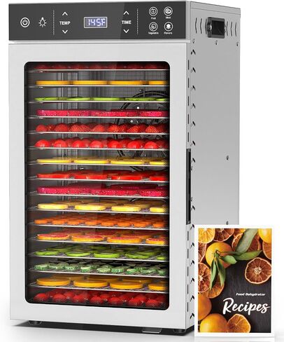 HOPERAN 16-Tray Stainless Steel Food Dehydrator, 800W with 4 Presets | Digital 24H Timer, 85°F-195°F Temp Control, Dual-Fan 360° Airflow, for Jerky, Fruit, Herbs, Pet Treats & Veggies, Quiet ≤45dB in Saudi Arabia