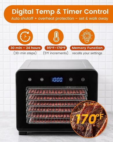 Food Dehydrator Machine, 720W 8-Tray Stainless Steel Dryer with Clear Window Door, 95-170°F Digital Temp Control & 24H Timer, 360° Airflow for Jerky, Fruit, Herbs, Dog Treats in Saudi Arabia