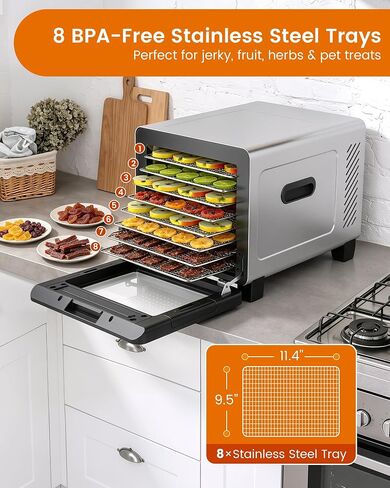 Food Dehydrator Machine, 720W 8-Tray Stainless Steel Dryer with Clear Window Door, 95-170°F Digital Temp Control & 24H Timer, 360° Airflow for Jerky, Fruit, Herbs, Dog Treats in Saudi Arabia