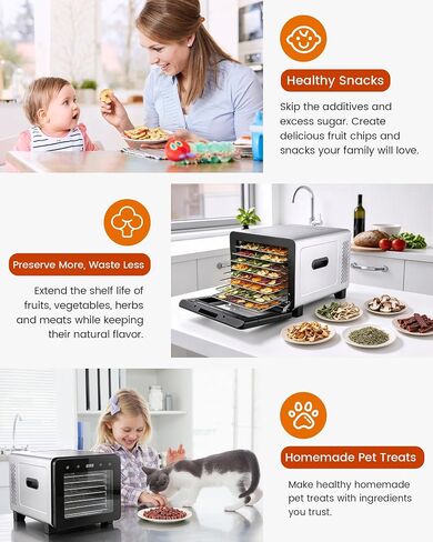 Food Dehydrator Machine, 720W 8-Tray Stainless Steel Dryer with Clear Window Door, 95-170°F Digital Temp Control & 24H Timer, 360° Airflow for Jerky, Fruit, Herbs, Dog Treats in Saudi Arabia