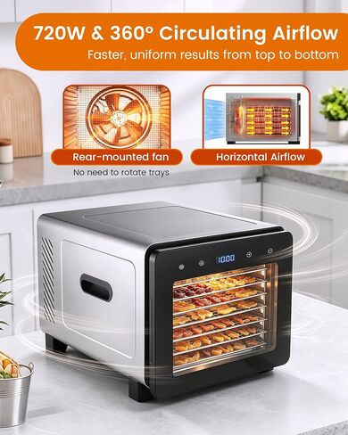 Food Dehydrator Machine, 720W 8-Tray Stainless Steel Dryer with Clear Window Door, 95-170°F Digital Temp Control & 24H Timer, 360° Airflow for Jerky, Fruit, Herbs, Dog Treats in Saudi Arabia