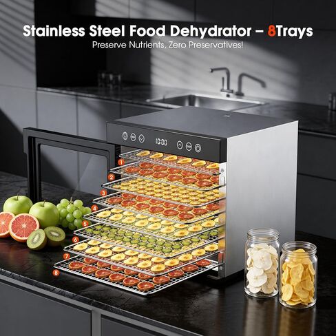 PSIIDAN Upgraded Food Dehydrator Machine, 650W Powerful Dehydrator with 8 Stainless Steel Trays & Interior Light, Adjustable Timer and Temperature for Jerky, Fruits, Herbs, Dog Treats in Saudi Arabia