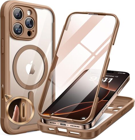 miracase Magnetic for iPhone 16 Pro Case Full-Body Phone with Built-in Glass Screen Protector, [Compatible with MagSafe] Military Drop Proof 16 Pro Cover Bumper 6.3 inch, Gold Brown in Saudi Arabia