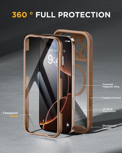 miracase Magnetic for iPhone 16 Pro Case Full-Body Phone with Built-in Glass Screen Protector, [Compatible with MagSafe] Military Drop Proof 16 Pro Cover Bumper 6.3 inch, Gold Brown in Saudi Arabia