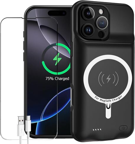 Battery Case for iPhone 16 Pro Max, Enhanced 12000mAh Portable Protective Wireless Charging Case Support Carplay Compatible with iPhone 16 Pro Max (6.9 inch) Rechargeable Battery Charger Cover(Black) in Kuwait