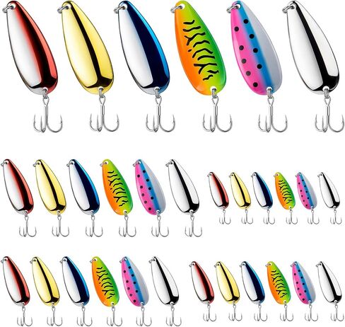 30 Pcs Fishing Spoons Lures 5 Size with Treble Hooks | Metal Spoon Fishing Lures, Casting Trout Spoons Luminous Casting Spoon Durable Treble Hooks for Bass in Kuwait