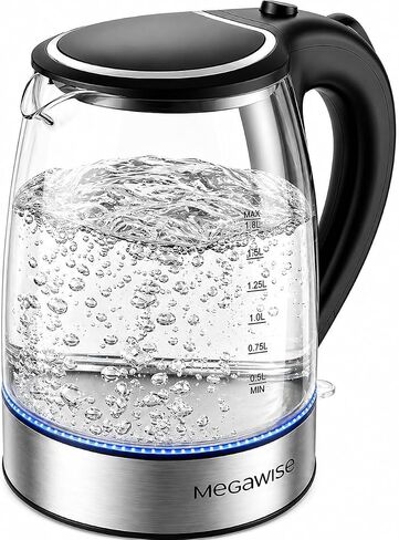 Megawise Electric Glass Kettle with Auto Shut-Off, 1.8L Capacity, 1000W Fast Boil, BPA-Free, Stainless Steel Inner Lid & Base, Blue LED Indicator, Easy Clean, Cord Storage in Kuwait