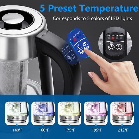 Aigostar Electric Kettle with Temperature Control and Tea Infuser | 1500W, 1.7L Hot Water Kettle with Variable Temperature, Keep Warm Function, LED Indicator Light Change, Auto Shut-Off in Saudi Arabia
