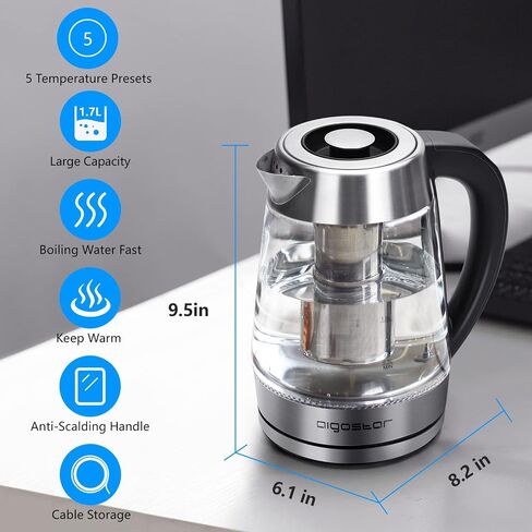 Aigostar Electric Kettle with Temperature Control and Tea Infuser | 1500W, 1.7L Hot Water Kettle with Variable Temperature, Keep Warm Function, LED Indicator Light Change, Auto Shut-Off in Saudi Arabia