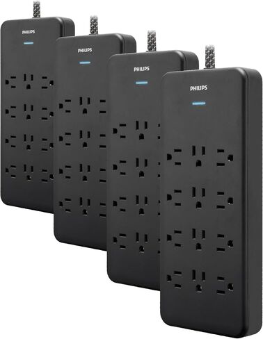 Philips 12-Outlet Surge Protector Power Strip, 6 Ft Braided Extension Cord | Wide Spaced Outlet Extender, 3500 Joules, Flat Plug, Wall Mount, ETL Safety Listed, Black, SPP3813B/37 in Kuwait