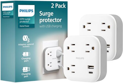 Philips EZFit 3-Outlet Surge Outlet Extender with USB, 1 USB-A, 1 Type-C | Adapter Spaced, Charging Station, 12W, 980 Joules, 2 Pack, White - SPP3605W/37 in Kuwait