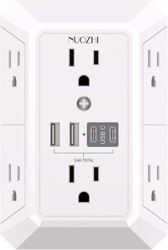 Outlet Extender Surge Protector - NUOZHI 6 Outlet Splitter with 4 USB Ports(2 USB-C), Multi Plug Wall Outlet 1680J Power Strip for Home Office Dorm Room Essentials, ETL, White in Kuwait