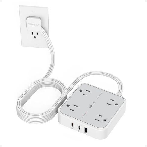 سلك تمديد مسطح TESSAN Surge Protector بطول 25 قدمًا، قطاع طاقة بقابس مسطح | 4 منافذ و3 منافذ USB (1 USB C)، حماية 900 جول، موسع منافذ حائط متعدد مناسب للمنزل والمكتب، in Kuwait