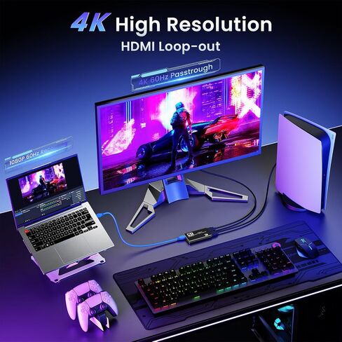 Papeaso USB 3.0 HDMI Capture Card, 2K30 FPS Capture with 4K Pass-Through | 2K30FPS/1080P60 capture & streaming with ultra-low latency 4K pass-through. for PS4/5, Switch 1/2, Xbox, PC, Mac & camera. in Saudi Arabia