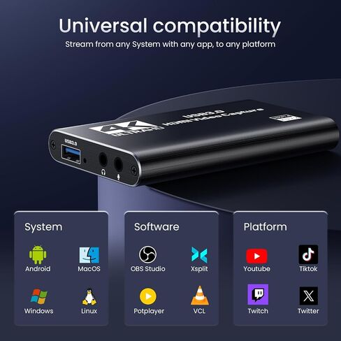 Papeaso USB 3.0 HDMI Capture Card, 2K30 FPS Capture with 4K Pass-Through | 2K30FPS/1080P60 capture & streaming with ultra-low latency 4K pass-through. for PS4/5, Switch 1/2, Xbox, PC, Mac & camera. in Saudi Arabia