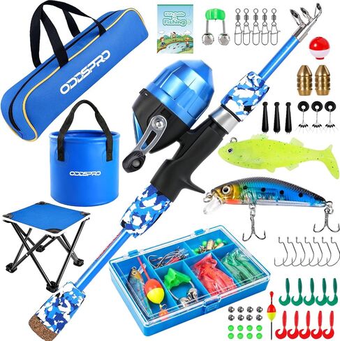 ODDSPRO Kids Fishing Pole - Portable Kids Fishing Rod and Reel Combo, Kids Fishing Gear with Tackle Box, Spincast Reel, Collapsible Chair and Bucket, Fishing Pole for Kids Boys Girls Toddler Youth 3+ in Kuwait
