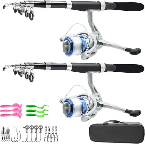 Fishing Pole Combo Set,2.1m/6.89ft 2PCS Collapsible Rods 2PCS Spinning Reels Lures Set Carrier Bag Carbon Fiber Telescopic Fishing Rods Sea Saltwater Freshwater Kit Fishing Rod Reel Combos in Saudi Arabia