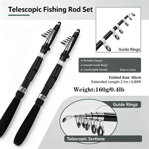 Fishing Pole Combo Set,2.1m/6.89ft 2PCS Collapsible Rods 2PCS Spinning Reels Lures Set Carrier Bag Carbon Fiber Telescopic Fishing Rods Sea Saltwater Freshwater Kit Fishing Rod Reel Combos in Saudi Arabia