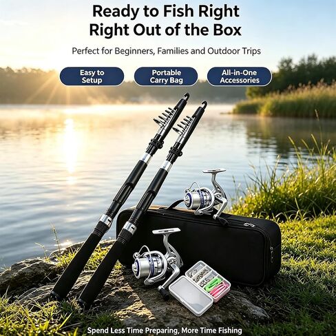 Fishing Pole Combo Set,2.1m/6.89ft 2PCS Collapsible Rods 2PCS Spinning Reels Lures Set Carrier Bag Carbon Fiber Telescopic Fishing Rods Sea Saltwater Freshwater Kit Fishing Rod Reel Combos in Saudi Arabia