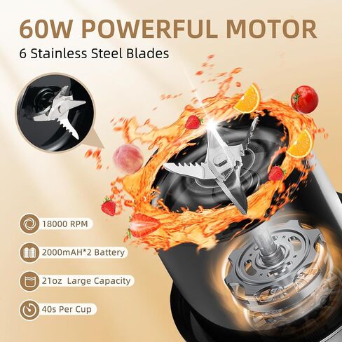 Portable Personal Blender for Shakes and Smoothies with 6 Blades, 21oz(600ml) Personal Size Juicer USB-C Rechargeable with Straw Brush&Lid, for Home, Gym, Travel, Kitchen (Black) in Saudi Arabia