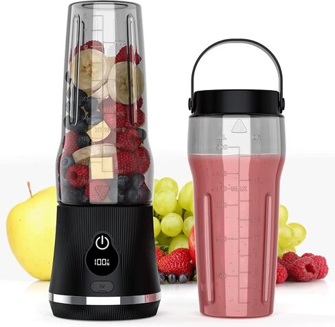 Portable Blender for Smoothies & Shakes, 17oz Personal Blender with 6 Stainless Steel Blades, USB-C Rechargeable, LED Display, Compact Travel Juicer with Extra Lid for Gym, Office & On-the-Go, Black in Kuwait