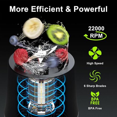 Portable Blender for Smoothies & Shakes, 17oz Personal Blender with 6 Stainless Steel Blades, USB-C Rechargeable, LED Display, Compact Travel Juicer with Extra Lid for Gym, Office & On-the-Go, Black in Kuwait