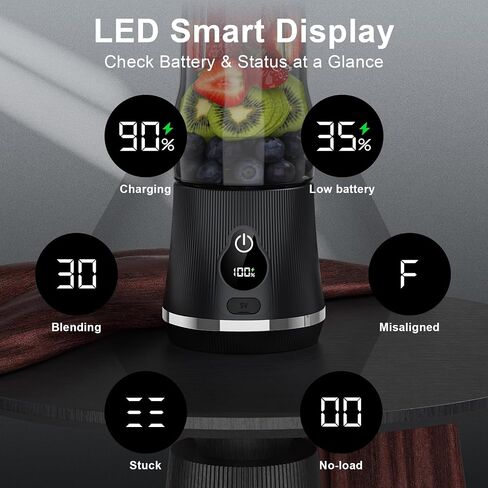 Portable Blender for Smoothies & Shakes, 17oz Personal Blender with 6 Stainless Steel Blades, USB-C Rechargeable, LED Display, Compact Travel Juicer with Extra Lid for Gym, Office & On-the-Go, Black in Kuwait