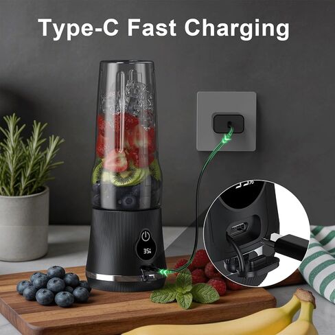 Portable Blender for Smoothies & Shakes, 17oz Personal Blender with 6 Stainless Steel Blades, USB-C Rechargeable, LED Display, Compact Travel Juicer with Extra Lid for Gym, Office & On-the-Go, Black in Kuwait