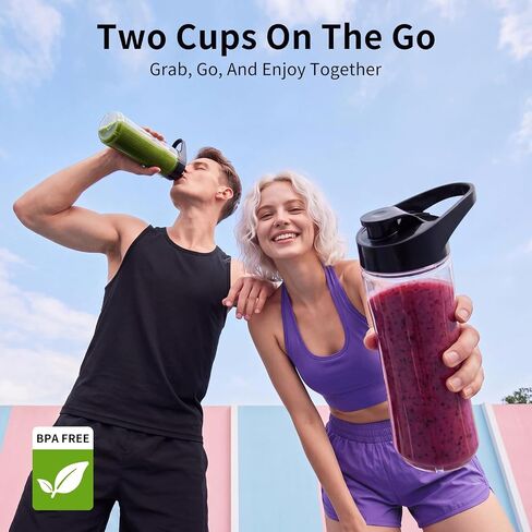 COKUNST Smoothie Blender, Personal Blender with 2 To-Go Cups & Lids, Black | 25,000 RPM Powerful Motor, Blender and Grinder Combo, One-Button Pulse, BPA Free, Compact Size, for Kitchen, Frozen Drinks in Saudi Arabia
