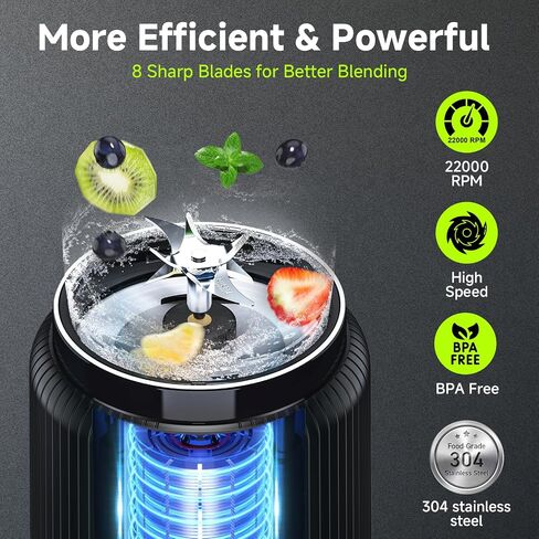 COKUNST Portable Blender, Small Smoothie & Shake Maker with LED Display | 8 Blades, 22000 RPM, USB C Rechargeable Personal Blender, Extra Lid, lightweight for Travel, Office, Home, 17oz, Black in Saudi Arabia