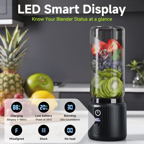 COKUNST Portable Blender, Small Smoothie & Shake Maker with LED Display | 8 Blades, 22000 RPM, USB C Rechargeable Personal Blender, Extra Lid, lightweight for Travel, Office, Home, 17oz, Black in Saudi Arabia