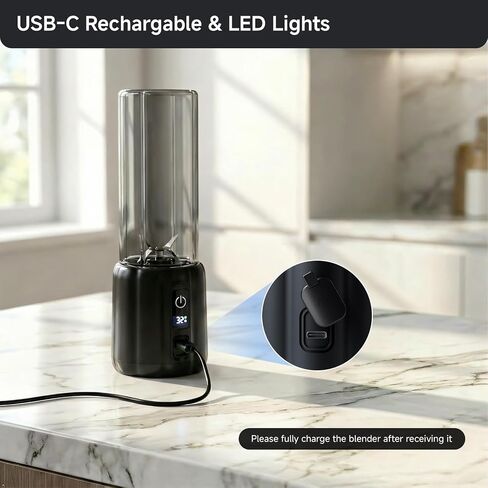 COKUNST Portable Blender, Small Smoothie Blender with LED Display, Black | USB C Charge, 8 Blades 22000 RPM Motor, Rechargeable 17oz Personal Blender, Travel Lid, Mini Mixer for protein, Home, Office in Kuwait