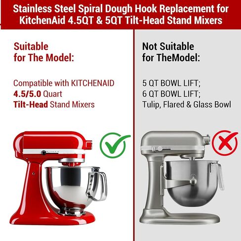 Stainless Steel Spiral Dough Hook for KitchenAid 4.5QT & 5QT Tilt-Head Stand Mixer, Efficient Dough Hook Attachment for Bread, Pizza & Pasta, Dishwasher Safe in Kuwait